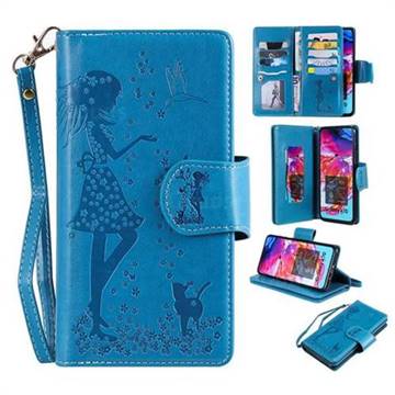 Embossing Cat Girl 9 Card Leather Wallet Case for Samsung Galaxy A70 - Blue