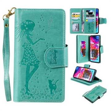 Embossing Cat Girl 9 Card Leather Wallet Case for Samsung Galaxy A70 - Green