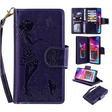 Embossing Cat Girl 9 Card Leather Wallet Case for Samsung Galaxy A70 - Purple