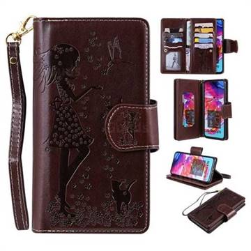 Embossing Cat Girl 9 Card Leather Wallet Case for Samsung Galaxy A70 - Brown
