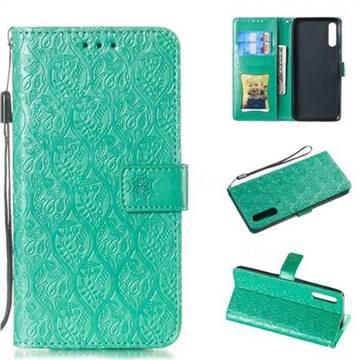 Intricate Embossing Rattan Flower Leather Wallet Case for Samsung Galaxy A70 - Green