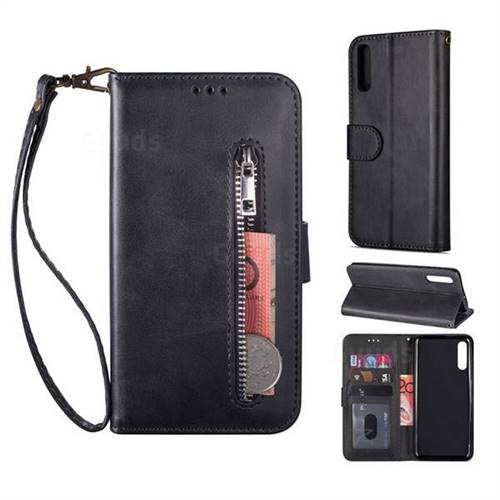 Retro Calfskin Zipper Leather Wallet Case Cover for Samsung Galaxy A70 - Black
