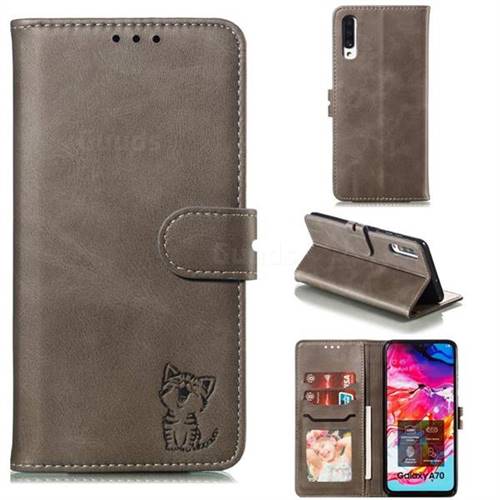 Embossing Happy Cat Leather Wallet Case for Samsung Galaxy A70 - Gray