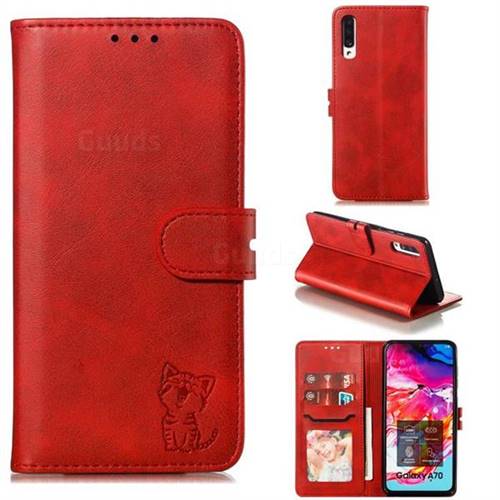 Embossing Happy Cat Leather Wallet Case for Samsung Galaxy A70 - Red