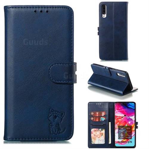 Embossing Happy Cat Leather Wallet Case for Samsung Galaxy A70 - Blue