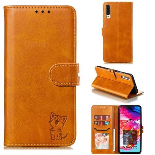 Embossing Happy Cat Leather Wallet Case for Samsung Galaxy A70 - Yellow