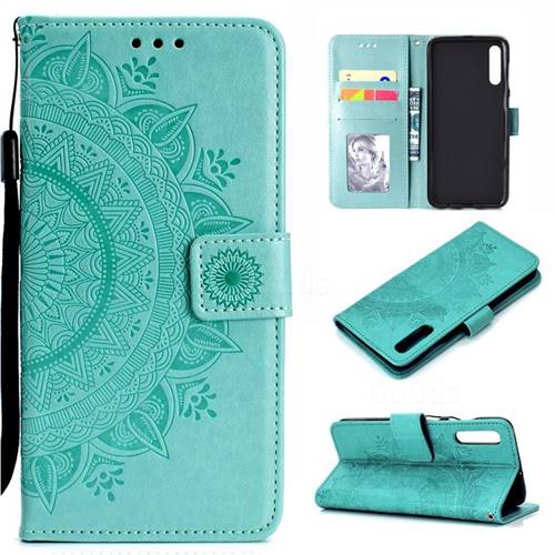 Intricate Embossing Datura Leather Wallet Case for Samsung Galaxy A70 - Mint Green