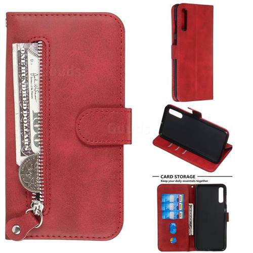 Retro Luxury Zipper Leather Phone Wallet Case for Samsung Galaxy A70 - Red