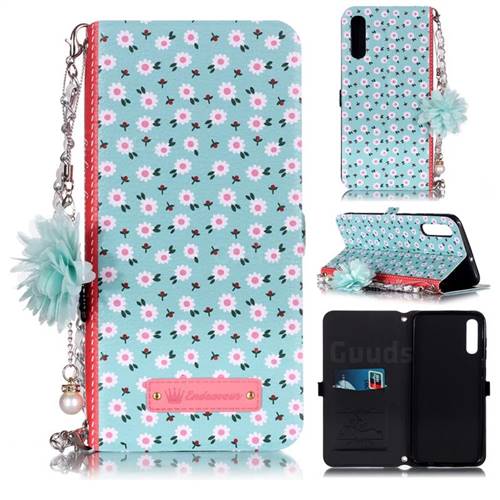 Daisy Endeavour Florid Pearl Flower Pendant Metal Strap PU Leather Wallet Case for Samsung Galaxy A70