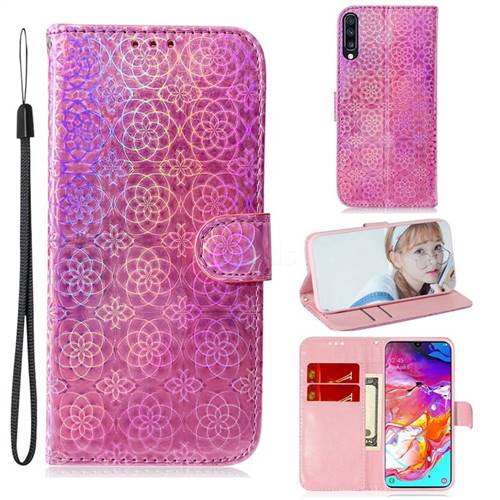 Laser Circle Shining Leather Wallet Phone Case for Samsung Galaxy A70 - Pink