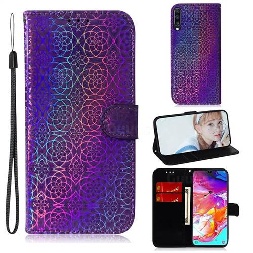 Laser Circle Shining Leather Wallet Phone Case for Samsung Galaxy A70 - Purple
