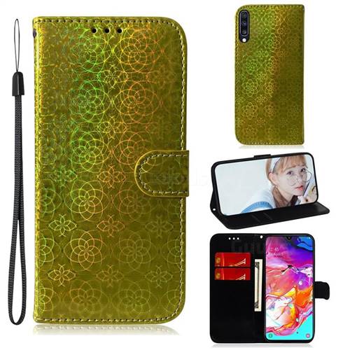 Laser Circle Shining Leather Wallet Phone Case for Samsung Galaxy A70 - Golden
