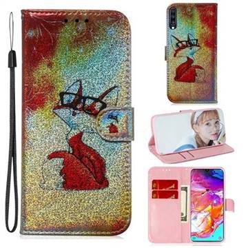Glasses Fox Laser Shining Leather Wallet Phone Case for Samsung Galaxy A70