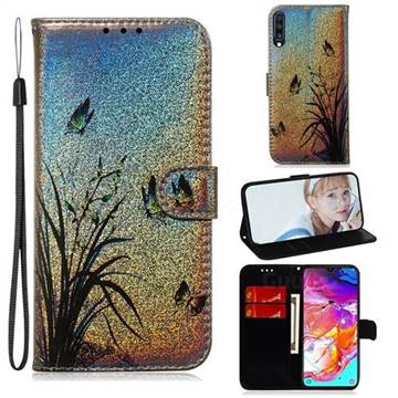 Butterfly Orchid Laser Shining Leather Wallet Phone Case for Samsung Galaxy A70