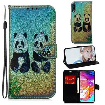Two Pandas Laser Shining Leather Wallet Phone Case for Samsung Galaxy A70