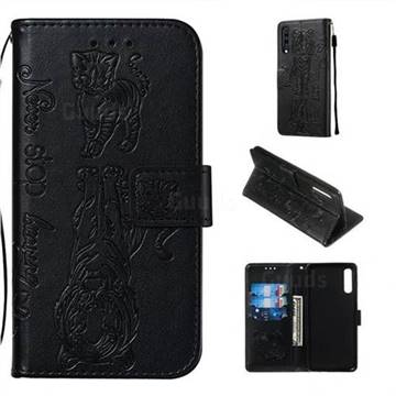 Embossing Tiger and Cat Leather Wallet Case for Samsung Galaxy A70 - Black