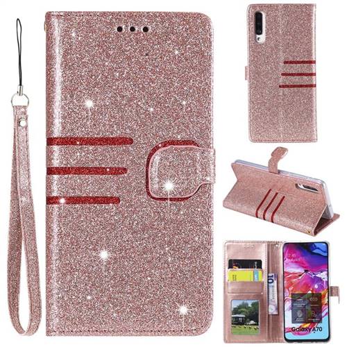 Retro Stitching Glitter Leather Wallet Phone Case for Samsung Galaxy A70 - Rose Gold