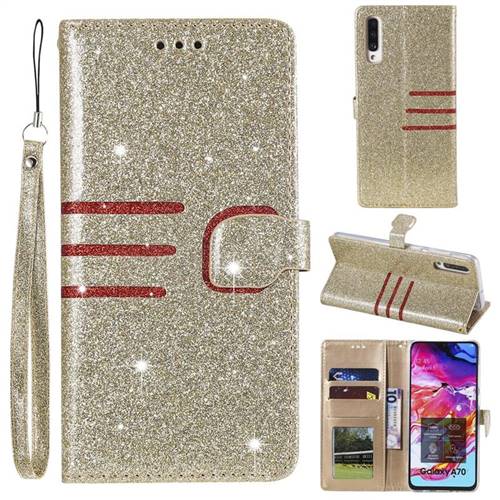 Retro Stitching Glitter Leather Wallet Phone Case for Samsung Galaxy A70 - Golden