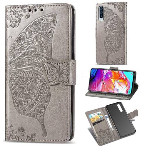 Embossing Mandala Flower Butterfly Leather Wallet Case for Samsung Galaxy A70 - Gray