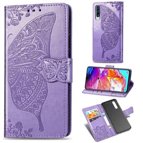 Embossing Mandala Flower Butterfly Leather Wallet Case for Samsung Galaxy A70 - Light Purple