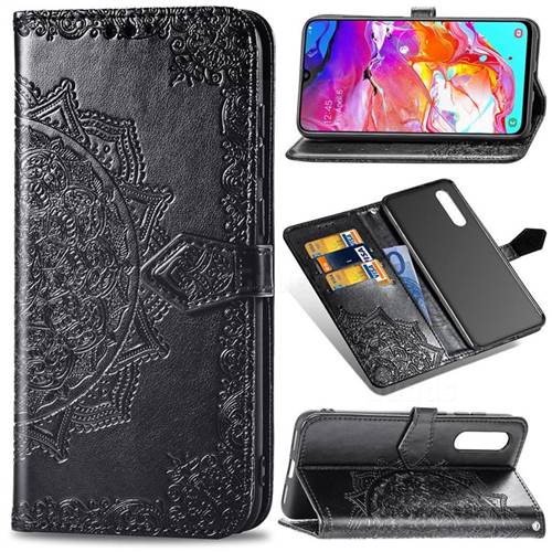 Embossing Imprint Mandala Flower Leather Wallet Case for Samsung Galaxy A70 - Black