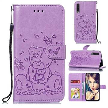 Embossing Butterfly Heart Bear Leather Wallet Case for Samsung Galaxy A70 - Purple