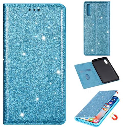 Ultra Slim Glitter Powder Magnetic Automatic Suction Leather Wallet Case for Samsung Galaxy A70 - Blue
