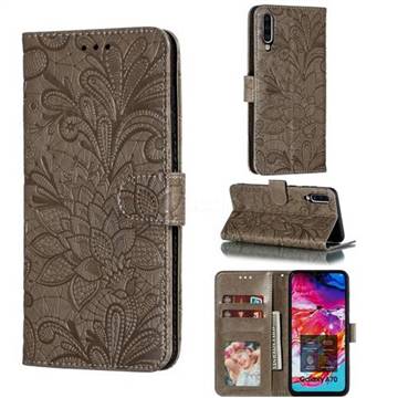 Intricate Embossing Lace Jasmine Flower Leather Wallet Case for Samsung Galaxy A70 - Gray