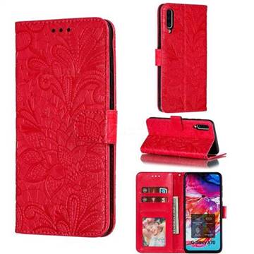 Intricate Embossing Lace Jasmine Flower Leather Wallet Case for Samsung Galaxy A70 - Red