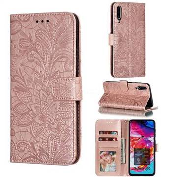 Intricate Embossing Lace Jasmine Flower Leather Wallet Case for Samsung Galaxy A70 - Rose Gold