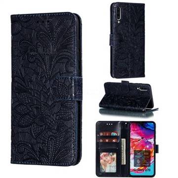 Intricate Embossing Lace Jasmine Flower Leather Wallet Case for Samsung Galaxy A70 - Dark Blue