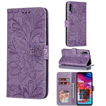 Intricate Embossing Lace Jasmine Flower Leather Wallet Case for Samsung Galaxy A70 - Purple