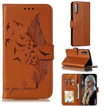 Intricate Embossing Lychee Feather Bird Leather Wallet Case for Samsung Galaxy A70 - Brown
