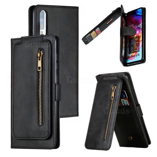 Multifunction 9 Cards Leather Zipper Wallet Phone Case for Samsung Galaxy A70 - Black
