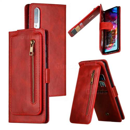 Multifunction 9 Cards Leather Zipper Wallet Phone Case for Samsung Galaxy A70 - Red
