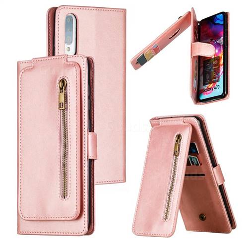 Multifunction 9 Cards Leather Zipper Wallet Phone Case for Samsung Galaxy A70 - Rose Gold