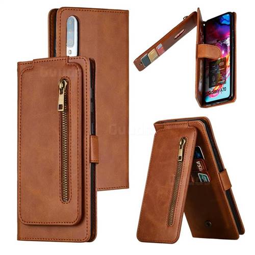 Multifunction 9 Cards Leather Zipper Wallet Phone Case for Samsung Galaxy A70 - Brown