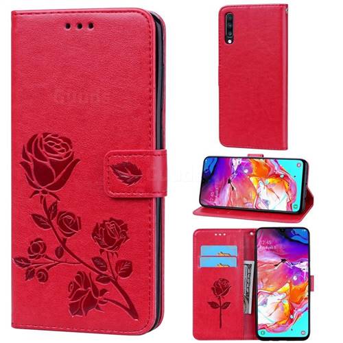 Embossing Rose Flower Leather Wallet Case for Samsung Galaxy A70 - Red