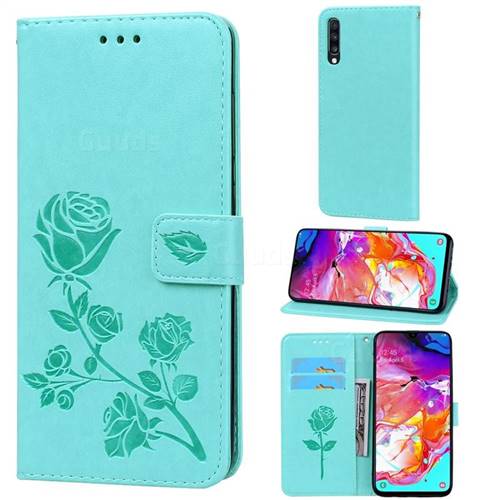 Embossing Rose Flower Leather Wallet Case for Samsung Galaxy A70 - Green
