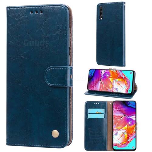 Luxury Retro Oil Wax PU Leather Wallet Phone Case for Samsung Galaxy A70 - Sapphire
