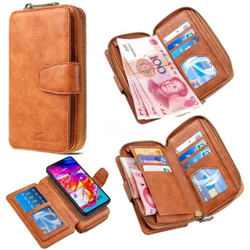 Binfen Color Retro Buckle Zipper Multifunction Leather Phone Wallet for Samsung Galaxy A70 - Brown