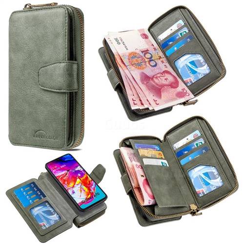 Binfen Color Retro Buckle Zipper Multifunction Leather Phone Wallet for Samsung Galaxy A70 - Celadon