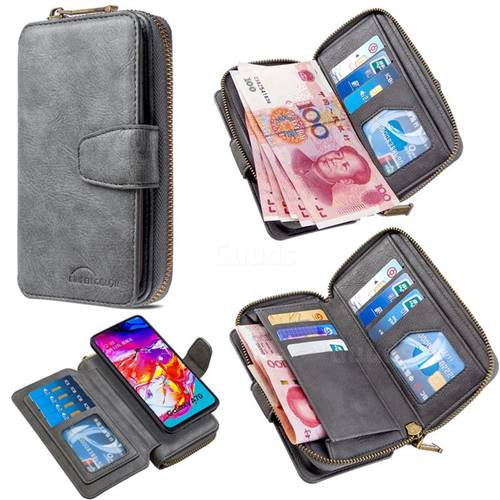 Binfen Color Retro Buckle Zipper Multifunction Leather Phone Wallet for Samsung Galaxy A70 - Gray
