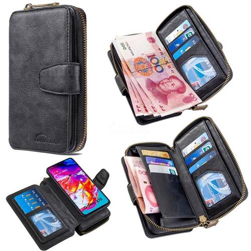 Binfen Color Retro Buckle Zipper Multifunction Leather Phone Wallet for Samsung Galaxy A70 - Black