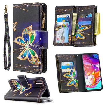 Golden Shining Butterfly Binfen Color BF03 Retro Zipper Leather Wallet Phone Case for Samsung Galaxy A70