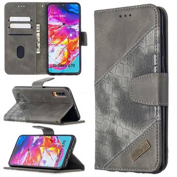 BinfenColor BF04 Color Block Stitching Crocodile Leather Case Cover for Samsung Galaxy A70 - Gray