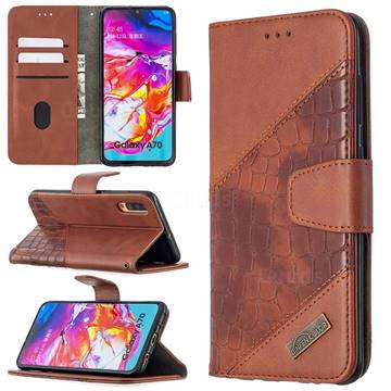 BinfenColor BF04 Color Block Stitching Crocodile Leather Case Cover for Samsung Galaxy A70 - Brown