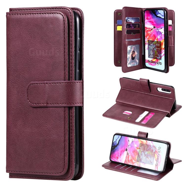 Multi-function Ten Card Slots and Photo Frame PU Leather Wallet Phone Case Cover for Samsung Galaxy A70 - Claret