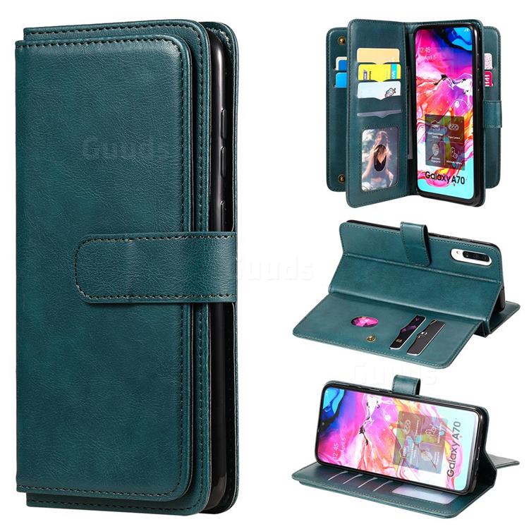 Multi-function Ten Card Slots and Photo Frame PU Leather Wallet Phone Case Cover for Samsung Galaxy A70 - Dark Green