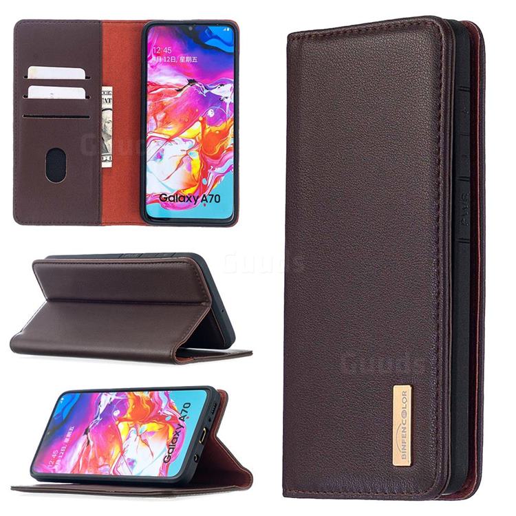 Binfen Color BF06 Luxury Classic Genuine Leather Detachable Magnet Holster Cover for Samsung Galaxy A70 - Dark Brown